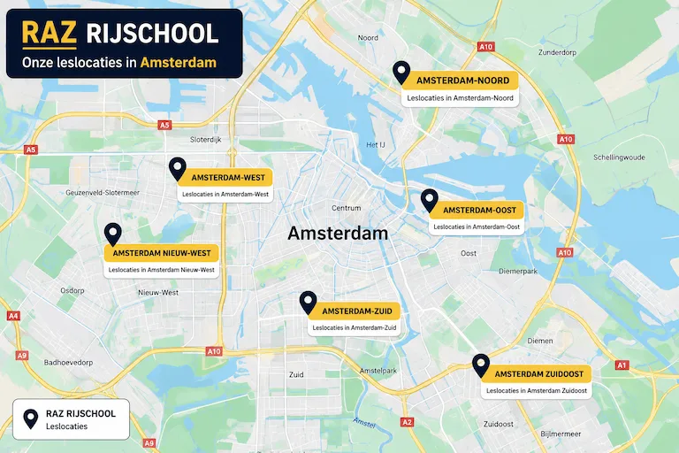 Rijschool Amsterdam - Kaart met leslocaties van RAZ Rijschool