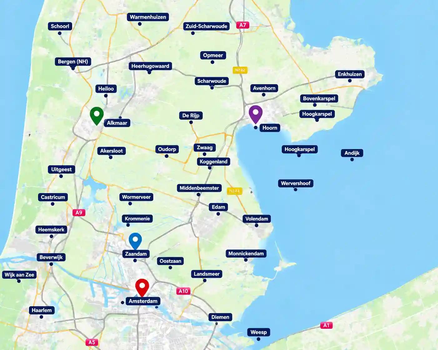 Kaart van het lesgebied van RAZ Rijschool in Noord-Holland met Alkmaar, Hoorn, Zaandam, Amsterdam en omliggende plaatsen
