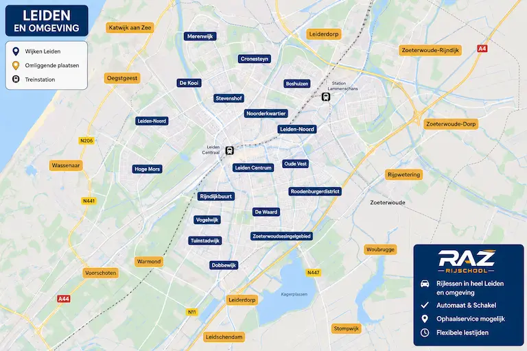 Kaart van Leiden en omgeving met alle leslocaties van RAZ Rijschool voor automaat- en schakelrijlessen.