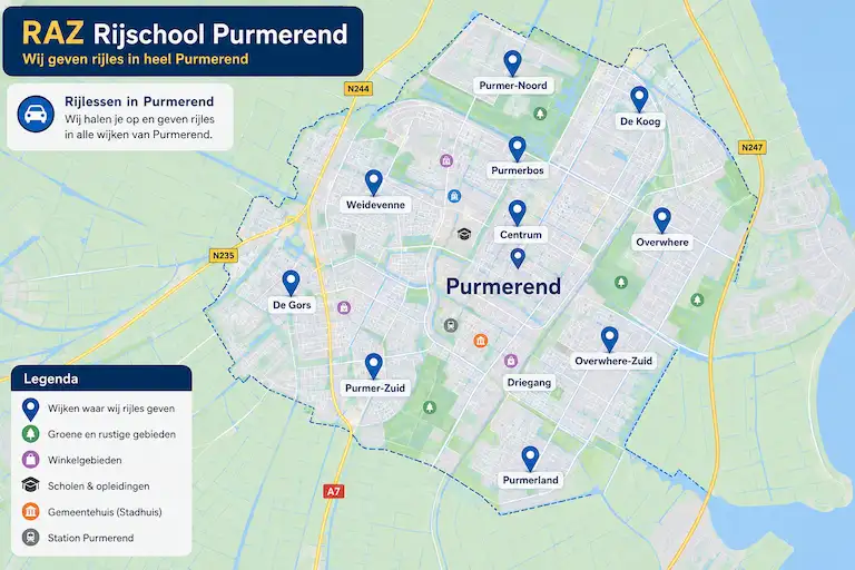 Kaart van Purmerend en omliggende plaatsen waar RAZ Rijschool rijlessen verzorgt
